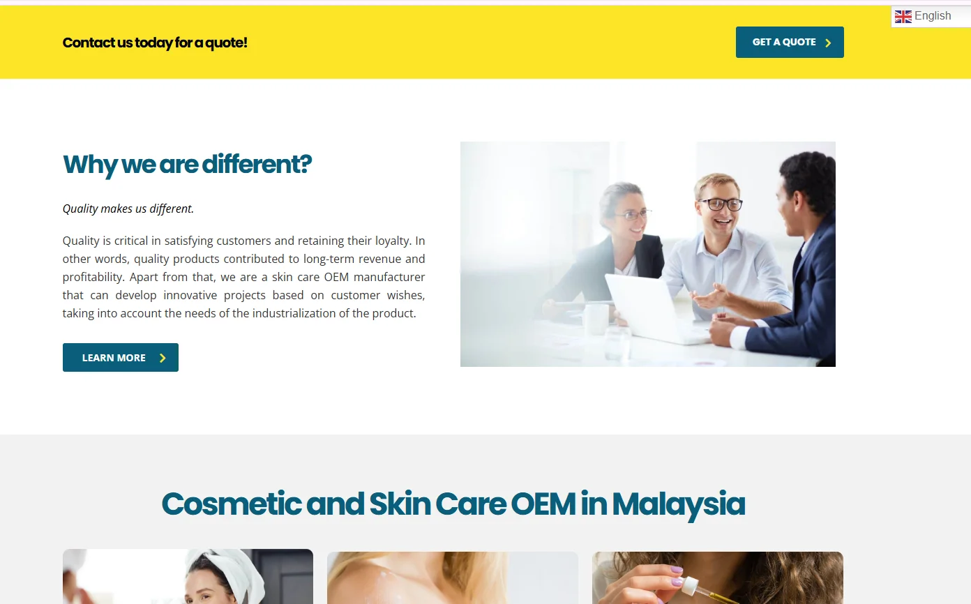 Webpage showing information about a cosmetic and skin care OEM in Malaysia, including a team discussion photo and service highlights.